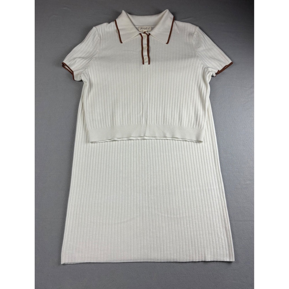 Marled 2 Piece Skirt Set XL White Ribbed Knit Polo Top Midi Skirt Cream Co-ord - Picture 14 of 14